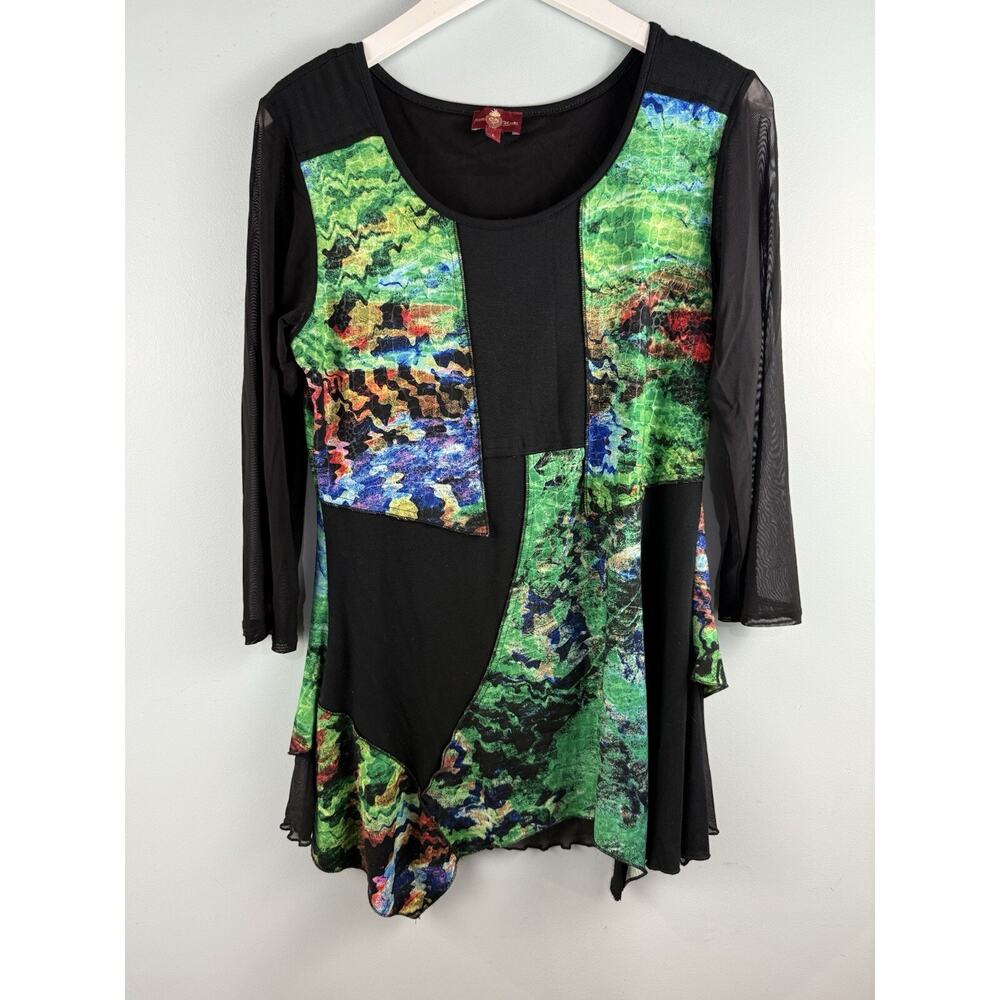 From the‎ Heart Womens Sz L Top Artsy Boho Sheer Mesh Lagenlook Mixed Print